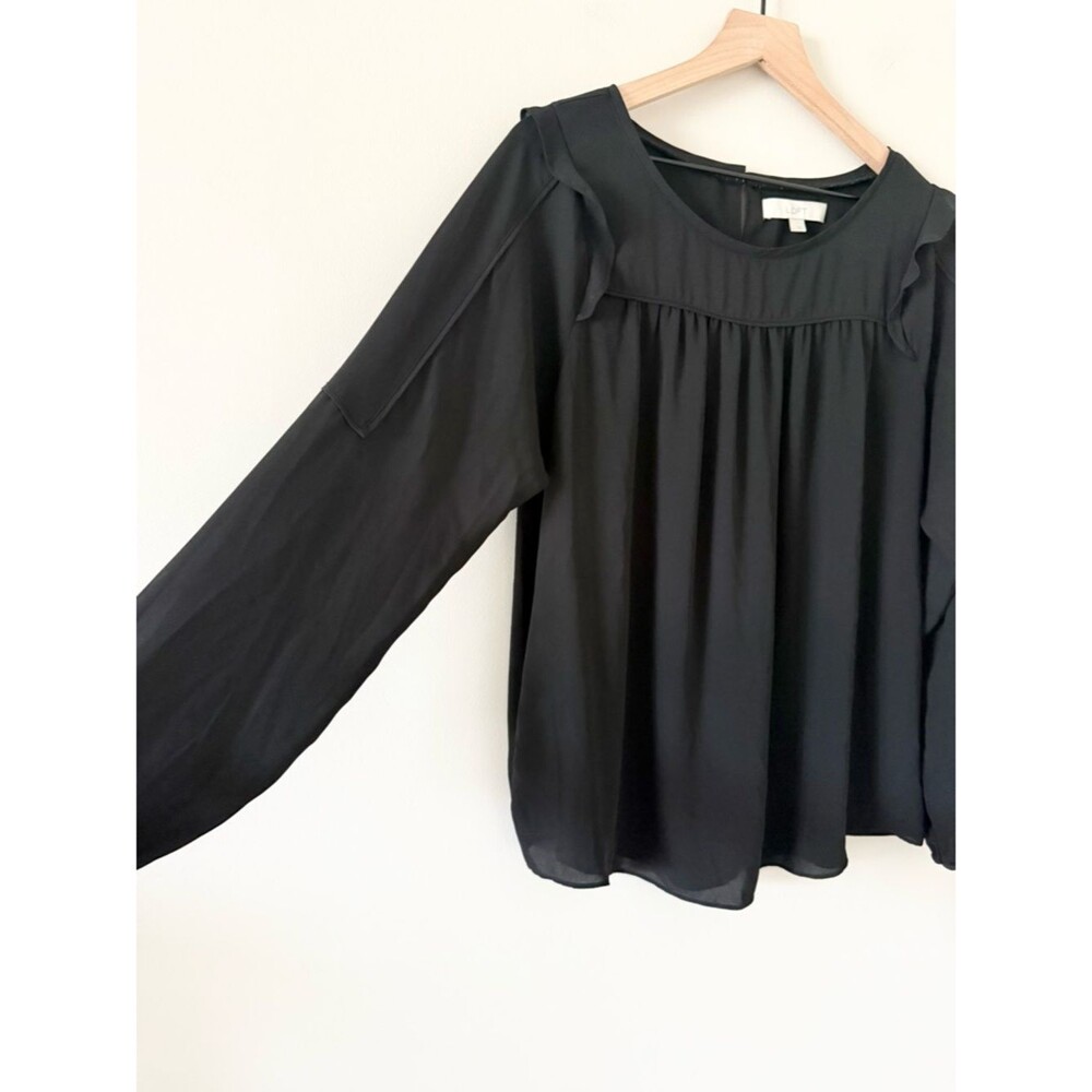 LOFT Black Long-Sleeve Ruffle Yoke Blouse Size L - Picture 2 of 6